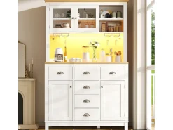 Aparador de cozinha estilo campestre - 104 x 40 x 180 cm - com portas, iluminação LED, prateleiras e gavetas - MDF - branco