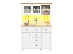 Aparador de cozinha estilo campestre - 104 x 40 x 180 cm - com portas, iluminação LED, prateleiras e gavetas - MDF - branco