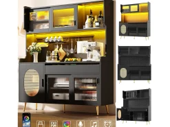 Aparador de cozinha estilo campestre - 145 x 39 x 171 cm - com 5 portas + LEDs + painel de armazenamento + gaveta - MDF - preto