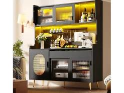 Aparador de cozinha estilo campestre - 145 x 39 x 171 cm - com 5 portas + LEDs + painel de armazenamento + gaveta - MDF - preto