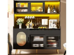 Aparador de cozinha estilo campestre - 145 x 39 x 171 cm - com 5 portas + LEDs + painel de armazenamento + gaveta - MDF - preto