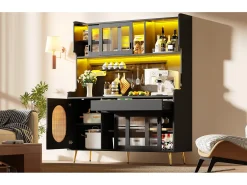 Aparador de cozinha estilo campestre - 145 x 39 x 171 cm - com 5 portas + LEDs + painel de armazenamento + gaveta - MDF - preto