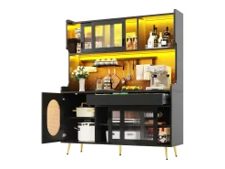 Aparador de cozinha estilo campestre - 145 x 39 x 171 cm - com 5 portas + LEDs + painel de armazenamento + gaveta - MDF - preto