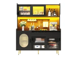 Aparador de cozinha estilo campestre - 145 x 39 x 171 cm - com 5 portas + LEDs + painel de armazenamento + gaveta - MDF - preto