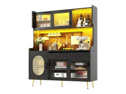 Aparador de cozinha estilo campestre - 145 x 39 x 171 cm - com 5 portas + LEDs + painel de armazenamento + gaveta - MDF - preto
