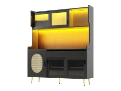 Aparador de cozinha estilo campestre - 145 x 39 x 171 cm - com 5 portas + LEDs + painel de armazenamento + gaveta - MDF - preto