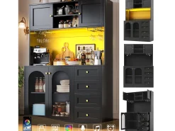 Aparador de cozinha estilo campestre - 120 x 40 x 188 cm - com 4 portas + LEDs + prateleiras de arrumação + gavetas - MDF - preto