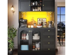 Aparador de cozinha estilo campestre - 120 x 40 x 188 cm - com 4 portas + LEDs + prateleiras de arrumação + gavetas - MDF - preto