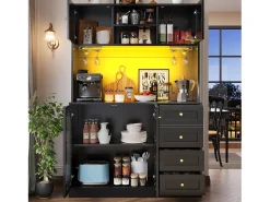 Aparador de cozinha estilo campestre - 120 x 40 x 188 cm - com 4 portas + LEDs + prateleiras de arrumação + gavetas - MDF - preto