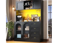 Aparador de cozinha estilo campestre - 120 x 40 x 188 cm - com 4 portas + LEDs + prateleiras de arrumação + gavetas - MDF - preto