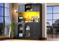 Aparador de cozinha estilo campestre - 120 x 40 x 188 cm - com 4 portas + LEDs + prateleiras de arrumação + gavetas - MDF - preto
