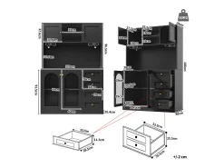 Aparador de cozinha estilo campestre - 120 x 40 x 188 cm - com 4 portas + LEDs + prateleiras de arrumação + gavetas - MDF - preto