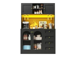 Aparador de cozinha estilo campestre - 120 x 40 x 188 cm - com 4 portas + LEDs + prateleiras de arrumação + gavetas - MDF - preto