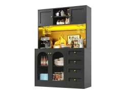 Aparador de cozinha estilo campestre - 120 x 40 x 188 cm - com 4 portas + LEDs + prateleiras de arrumação + gavetas - MDF - preto