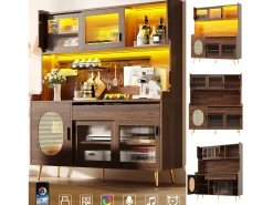 Aparador de cozinha estilo campestre - 145 x 39 x 171 cm - com 5 portas + LEDs + painel de armazenamento + gaveta - MDF - marrom