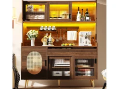 Aparador de cozinha estilo campestre - 145 x 39 x 171 cm - com 5 portas + LEDs + painel de armazenamento + gaveta - MDF - marrom