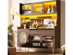 Aparador de cozinha estilo campestre - 145 x 39 x 171 cm - com 5 portas + LEDs + painel de armazenamento + gaveta - MDF - marrom