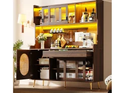 Aparador de cozinha estilo campestre - 145 x 39 x 171 cm - com 5 portas + LEDs + painel de armazenamento + gaveta - MDF - marrom