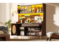 Aparador de cozinha estilo campestre - 145 x 39 x 171 cm - com 5 portas + LEDs + painel de armazenamento + gaveta - MDF - marrom