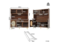 Aparador de cozinha estilo campestre - 145 x 39 x 171 cm - com 5 portas + LEDs + painel de armazenamento + gaveta - MDF - marrom