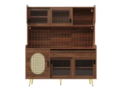 Aparador de cozinha estilo campestre - 145 x 39 x 171 cm - com 5 portas + LEDs + painel de armazenamento + gaveta - MDF - marrom