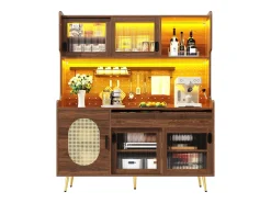 Aparador de cozinha estilo campestre - 145 x 39 x 171 cm - com 5 portas + LEDs + painel de armazenamento + gaveta - MDF - marrom
