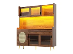 Aparador de cozinha estilo campestre - 145 x 39 x 171 cm - com 5 portas + LEDs + painel de armazenamento + gaveta - MDF - marrom