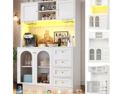 Aparador de cozinha estilo campestre - 120 x 40 x 188 cm - com 4 portas + LEDs + prateleiras de arrumação + gavetas - MDF - branco