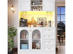 Aparador de cozinha estilo campestre - 120 x 40 x 188 cm - com 4 portas + LEDs + prateleiras de arrumação + gavetas - MDF - branco