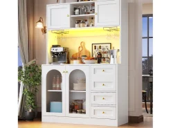 Aparador de cozinha estilo campestre - 120 x 40 x 188 cm - com 4 portas + LEDs + prateleiras de arrumação + gavetas - MDF - branco