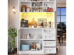 Aparador de cozinha estilo campestre - 120 x 40 x 188 cm - com 4 portas + LEDs + prateleiras de arrumação + gavetas - MDF - branco