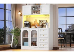 Aparador de cozinha estilo campestre - 120 x 40 x 188 cm - com 4 portas + LEDs + prateleiras de arrumação + gavetas - MDF - branco