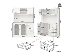 Aparador de cozinha estilo campestre - 120 x 40 x 188 cm - com 4 portas + LEDs + prateleiras de arrumação + gavetas - MDF - branco