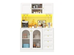Aparador de cozinha estilo campestre - 120 x 40 x 188 cm - com 4 portas + LEDs + prateleiras de arrumação + gavetas - MDF - branco