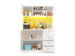 Aparador de cozinha estilo campestre - 120 x 40 x 188 cm - com 4 portas + LEDs + prateleiras de arrumação + gavetas - MDF - branco