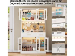 Aparador de cozinha estilo campestre - 100 x 40 x 180 cm - com 6 portas + 2 gavetas + LEDs + tomada elétrica - MDF - branco