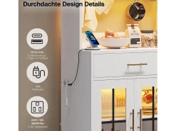 Aparador de cozinha estilo campestre - 100 x 40 x 180 cm - com 6 portas + 2 gavetas + LEDs + tomada elétrica - MDF - branco