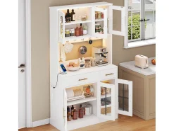 Aparador de cozinha estilo campestre - 100 x 40 x 180 cm - com 6 portas + 2 gavetas + LEDs + tomada elétrica - MDF - branco
