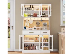 Aparador de cozinha estilo campestre - 100 x 40 x 180 cm - com 6 portas + 2 gavetas + LEDs + tomada elétrica - MDF - branco