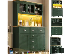 Aparador de cozinha estilo campestre - 104 x 40 x 180 cm - com portas, iluminação LED, prateleiras e gavetas - MDF - verde