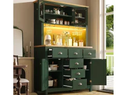 Aparador de cozinha estilo campestre - 104 x 40 x 180 cm - com portas, iluminação LED, prateleiras e gavetas - MDF - verde