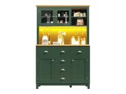Aparador de cozinha estilo campestre - 104 x 40 x 180 cm - com portas, iluminação LED, prateleiras e gavetas - MDF - verde