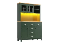 Aparador de cozinha estilo campestre - 104 x 40 x 180 cm - com portas, iluminação LED, prateleiras e gavetas - MDF - verde