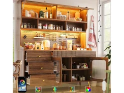 Aparador de cozinha moderno - 145 x 39 x 171 cm - com LEDs + 5 gavetas + portas + prateleira e painel perfurado - MDF + vidro - branco
