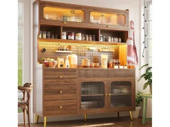 Aparador de cozinha moderno - 145 x 39 x 171 cm - com LEDs + 5 gavetas + portas + prateleira e painel perfurado - MDF + vidro - branco