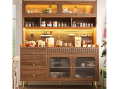 Aparador de cozinha moderno - 145 x 39 x 171 cm - com LEDs + 5 gavetas + portas + prateleira e painel perfurado - MDF + vidro - branco
