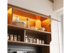 Aparador de cozinha moderno - 145 x 39 x 171 cm - com LEDs + 5 gavetas + portas + prateleira e painel perfurado - MDF + vidro - branco