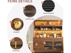 Aparador de cozinha moderno - 145 x 39 x 171 cm - com LEDs + 5 gavetas + portas + prateleira e painel perfurado - MDF + vidro - branco