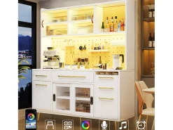 Aparador de cozinha moderno - 145 x 39 x 171 cm - com portas + LEDs + gavetas + prateleira de vidro - MDF + vidro - branco