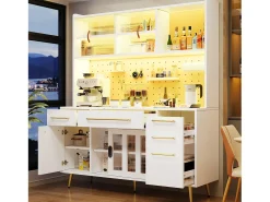 Aparador de cozinha moderno - 145 x 39 x 171 cm - com portas + LEDs + gavetas + prateleira de vidro - MDF + vidro - branco